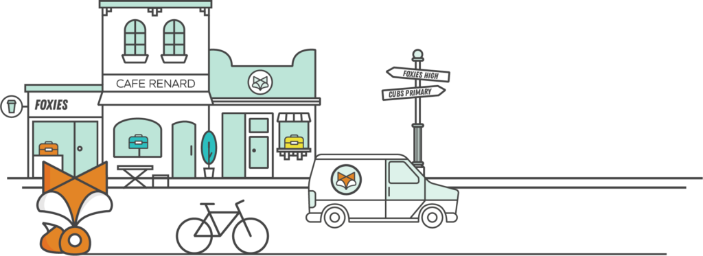 LunchFox at Cafes w van LunchFox Illustration - App for busy parents to order fresh, healthy lunchboxes from local cafes for delivery to school. Low commissions, school fundraising, eat the rainbow